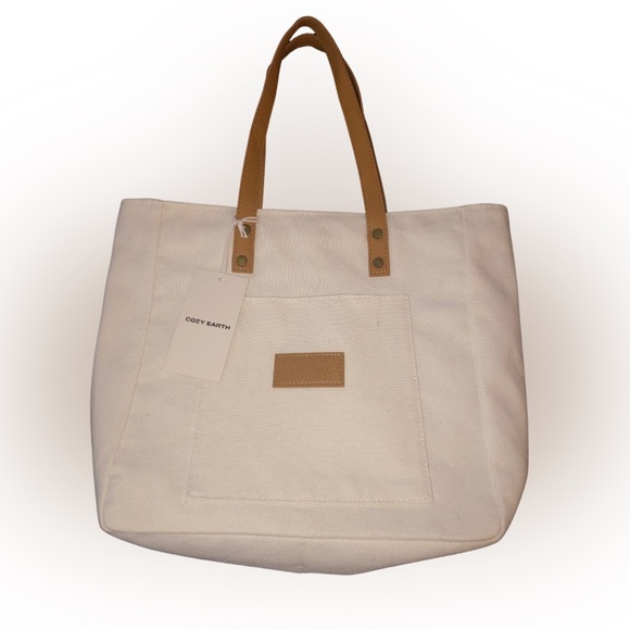 cozy earth Handbags - NWT Cozy Earth Off White Travel Tote Bag w/ Tan Faux Leather Handles – 12x12